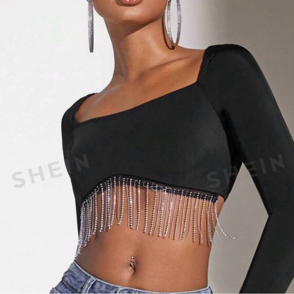 Raglan Sleeve Rhinestone Fringe Trim Crop Top